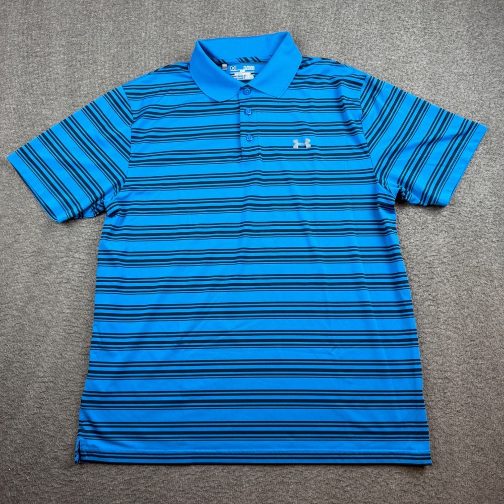 Under Armour Polo Shirt Mens XL Blue Striped Heatgear Loose Fit Short Sleeve